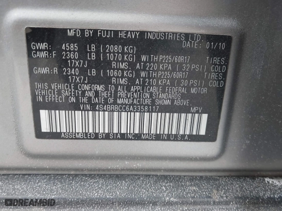 2010 Subaru Outback Premium All-Weather with VIN 4S4BRBCC6A3358117, listed as a IAAI auction lot 41705553 with 232,057 mi miles. Bid and sale history available at carsss.com. Image 9.