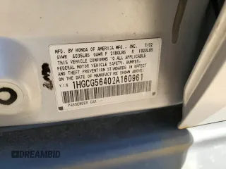 2002 Honda Accord LX z VIN 1HGCG56402A160961, wystawiony jako Copart lot #53092205 z przebiegiem 262 152 mil mil oraz Czysty tytuł • Clean title. Historia ofert i sprzedaży dostępna na DreamBid. Obrazek 12.
