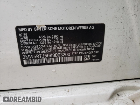 2019 BMW 3 Series 330i xDrive with VIN 3MW5R7J50K8B03200, listed as a Copart auction lot 46158365 with 67,827 mi miles and Salvage Title. Bid and sale history available at DreamBid. Image 12.