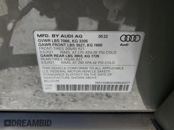 2022 Audi e-tron Chronos with VIN WA1VABGE4NB040071, listed as a Copart auction lot 76121574 with 15,418 mi miles and Salvage title. Bid and sale history available at DreamBid. Image 13.