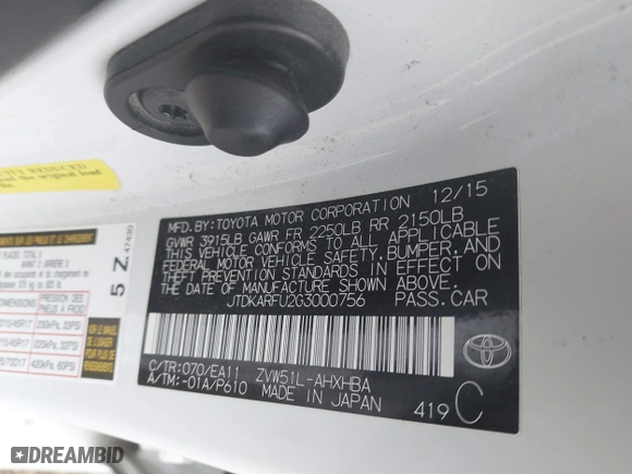 2016 Toyota Prius Four with VIN JTDKARFU2G3000756, listed as a IAAI auction lot 41880314 with 298,943 mi miles. Bid and sale history available at carsss.com. Image 9.