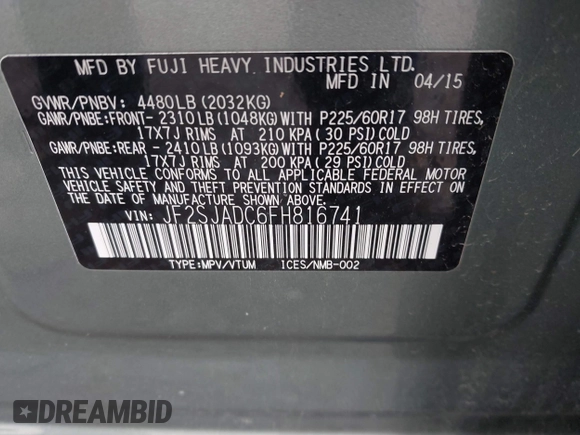 2015 Subaru Forester Premium with VIN JF2SJADC6FH816741, listed as a IAAI auction lot 41725113 with 84,639 mi miles and . Bid and sale history available at DreamBid. Image 9.