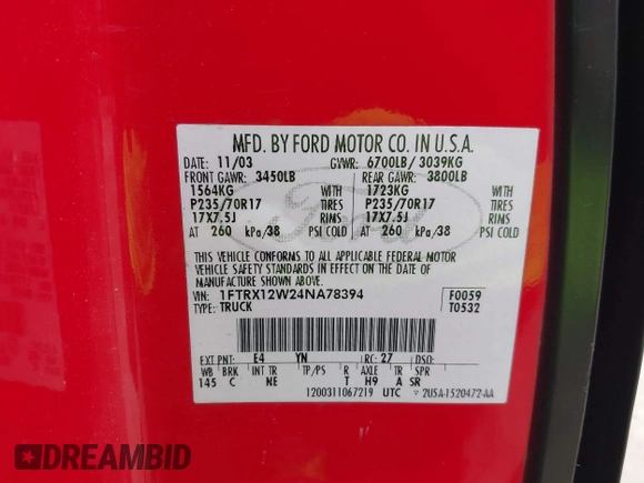 2004 Ford F-150 STX with VIN 1FTRX12W24NA78394, listed as a IAAI auction lot 42438744 with 212,189 mi miles and . Bid and sale history available at DreamBid. Image 9.