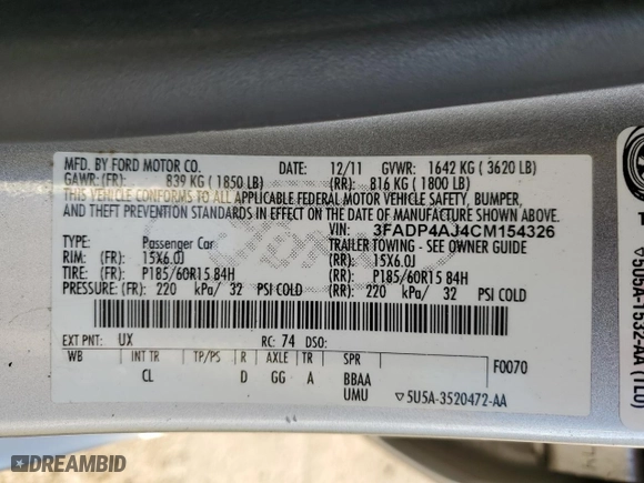2012 Ford Fiesta S with VIN 3FADP4AJ4CM154326, listed as a Copart auction lot 88249575 with 126,464 mi miles and Clean Title. Bid and sale history available at carsss.com. Image 12.