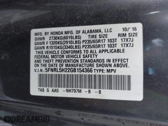 2016 Honda Odyssey LX с VIN 5FNRL5H22GB154366, выставлен на аукционе IAAI как лот 42172306 с пробегом 143 393 миль миль и . История ставок и продаж доступна на DreamBid. Изображение 9.