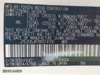 2011 Toyota 4Runner SR5 with VIN JTEZU5JR7B5014100, listed as a IAAI auction lot 41769637 with 215,474 mi miles. Bid and sale history available at carsss.com. Image 9.