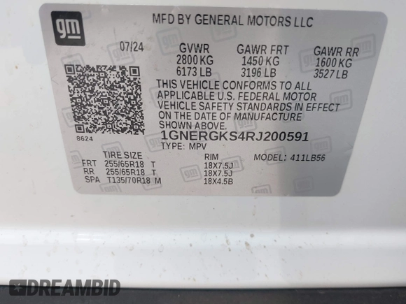 2024 Chevrolet Traverse FWD LT with VIN 1GNERGKS4RJ200591, listed as a IAAI auction lot 40743893 with 1,324 mi miles and . Bid and sale history available at DreamBid. Image 9.
