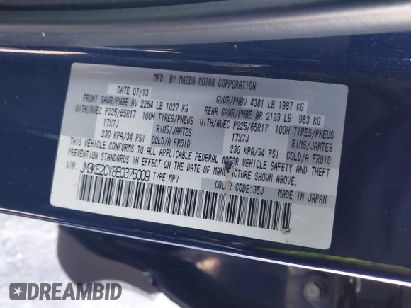 2014 Mazda CX-5 Touring with VIN JM3KE2CY8E0375009, listed as a IAAI auction lot 41420045 with 138,404 mi miles. Bid and sale history available at carsss.com. Image 9.
