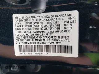 2014 Honda CR-V LX with VIN 2HKRM3H30EH551163, listed as a IAAI auction lot 42109975 with 57,712 mi miles. Bid and sale history available at carsss.com. Image 9.