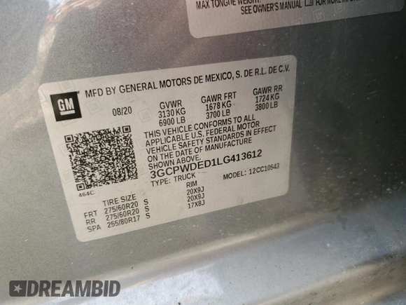 2020 Chevrolet Silverado 1500 RST with VIN 3GCPWDED1LG413612, listed as a Copart auction lot 41828455 with Not Provided miles and Salvage Title. Bid and sale history available at DreamBid. Image 13.
