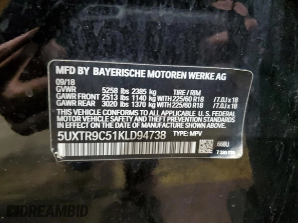 2019 BMW X3 xDrive30i with VIN 5UXTR9C51KLD94738, listed as a Copart auction lot 50211825 with 103,176 mi miles and Salvage Title. Bid and sale history available at carsss.com. Image 13.