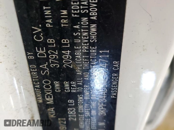 2021 Kia Forte GT-Line with VIN 3KPF34AD9ME414711, listed as a Copart auction lot 57245545 with 62,200 mi miles and Salvage title. Bid and sale history available at DreamBid. Image 12.