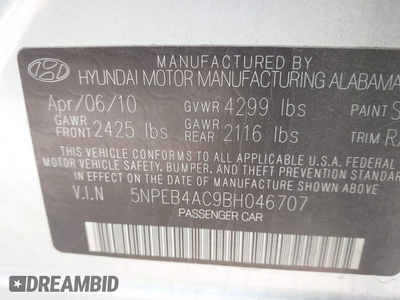 2011 Hyundai Sonata GLS with VIN 5NPEB4AC9BH046707, listed as a IAAI auction lot 42029546 with 176,065 mi miles and . Bid and sale history available at carsss.com. Image 9.