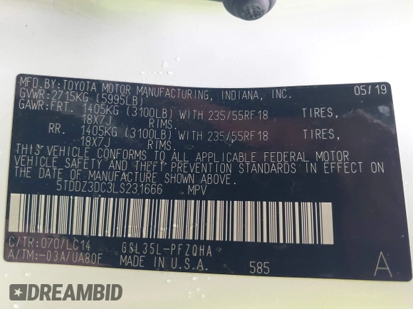 2020 Toyota Sienna XLE with VIN 5TDDZ3DC3LS231666, listed as a IAAI auction lot 42296603 with 49,075 mi miles and . Bid and sale history available at DreamBid. Image 9.