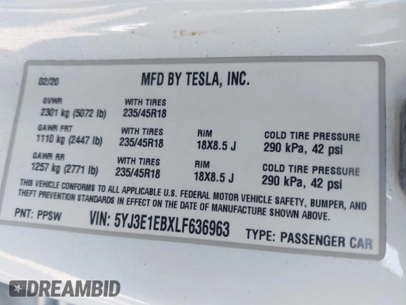 2020 Tesla Model 3 Long Range with VIN 5YJ3E1EBXLF636963, listed as a IAAI auction lot 41826249 with 68,085 mi miles. Bid and sale history available at carsss.com. Image 9.