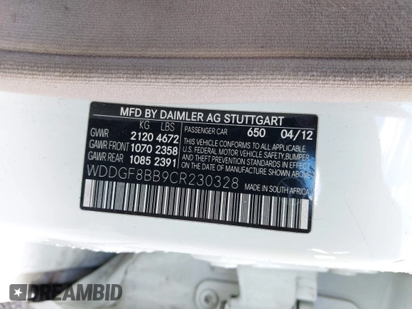 2012 Mercedes-Benz C C 300 Sport with VIN WDDGF8BB9CR230328, listed as a IAAI auction lot 42024792 with 129,739 mi miles. Bid and sale history available at carsss.com. Image 9.