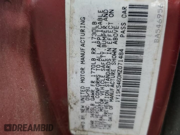 1991 Geo Prizm z VIN 1Y1SK5460MZ071484, wystawiony jako Copart lot #59295415 z przebiegiem 191 172 mil mil oraz Szkoda całkowita • Salvage title. Historia ofert i sprzedaży dostępna na DreamBid. Obrazek 12.