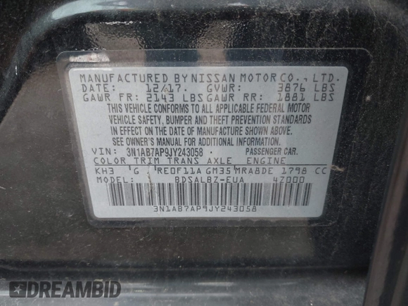 2018 Nissan Sentra S with VIN 3N1AB7AP9JY243058, listed as a IAAI auction lot 42116009 with 185,678 mi miles and . Bid and sale history available at DreamBid. Image 9.