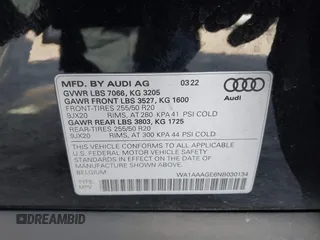 2022 Audi e-tron Premium with VIN WA1AAAGE6NB030134, listed as a IAAI auction lot 41209620 with 27,848 mi miles. Bid and sale history available at carsss.com. Image 9.