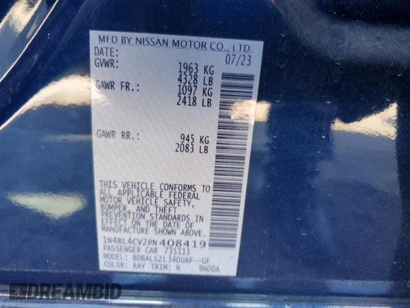 2023 Nissan Altima SR z VIN 1N4BL4CV2PN408419, wystawiony jako Copart lot #53984395 z przebiegiem 25 062 mil mil oraz Szkoda całkowita • Salvage title. Historia ofert i sprzedaży dostępna na DreamBid. Obrazek 13.
