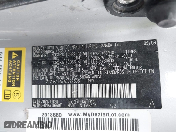 2010 Lexus RX 350 with VIN 2T2BK1BA7AC027696, listed as a IAAI auction lot 42170981 with 153,033 mi miles and . Bid and sale history available at DreamBid. Image 9.