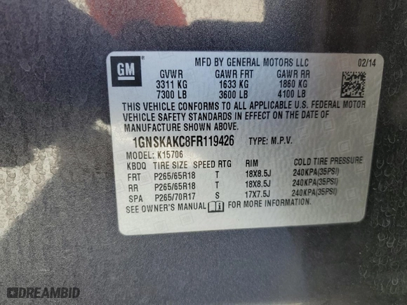2015 Chevrolet Tahoe LS with VIN 1GNSKAKC8FR119426, listed as a Copart auction lot 83549854 with 195,876 mi miles and Clean Title. Bid and sale history available at carsss.com. Image 13.