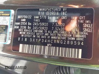 2022 Kia Telluride EX with VIN 5XYP34HCXNG289594, listed as a IAAI auction lot 41812433 with 91,110 mi miles and . Bid and sale history available at DreamBid. Image 9.