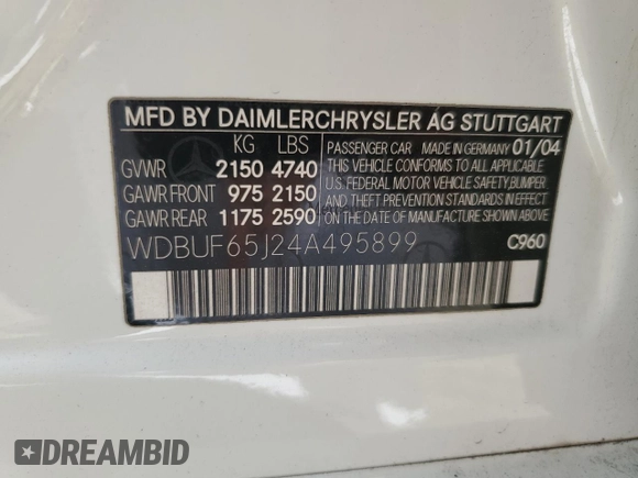 2004 Mercedes-Benz E 320 with VIN WDBUF65J24A495899, listed as a Copart auction lot 50760415 with 140,032 mi miles and Salvage Title. Bid and sale history available at carsss.com. Image 14.