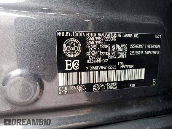 2021 Toyota RAV4 Hybrid XLE with VIN 2T3RWRFV4MW125582, listed as a Copart auction lot 83152144 with 66,762 mi miles and Salvage title. Bid and sale history available at DreamBid. Image 12.