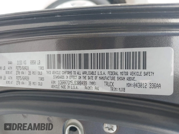 2018 Ram 1500 SLT z VIN 1C6RR7GM5JS308499, wystawiony jako IAAI lot #41904274 z przebiegiem 71 510 mil mil oraz . Historia ofert i sprzedaży dostępna na DreamBid. Obrazek 9.