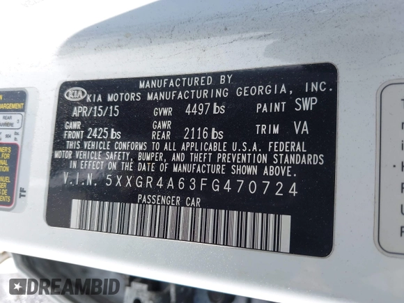 2015 Kia Optima SX Turbo with VIN 5XXGR4A63FG470724, listed as a IAAI auction lot 42006500 with 188,422 mi miles. Bid and sale history available at carsss.com. Image 9.