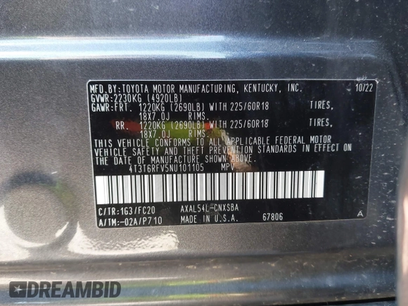 2022 Toyota RAV4 Hybrid SE z VIN 4T3T6RFV5NU101105, wystawiony jako IAAI lot #42666372 z przebiegiem 7 644 mil mil oraz . Historia ofert i sprzedaży dostępna na DreamBid. Obrazek 9.