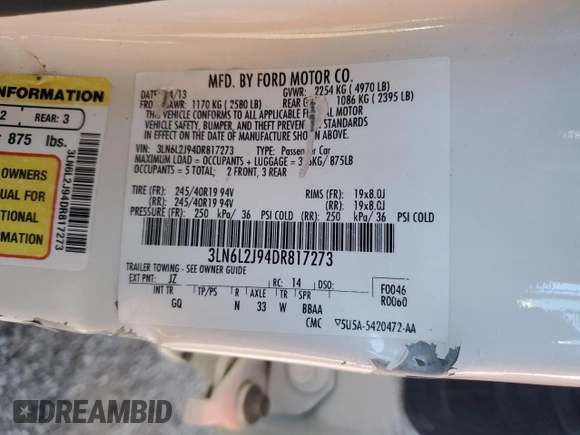 2013 Lincoln MKZ with VIN 3LN6L2J94DR817273, listed as a Copart auction lot 87550325 with 118,448 mi miles and Salvage Title. Bid and sale history available at carsss.com. Image 13.