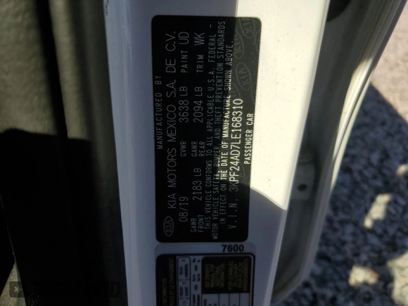 2020 Kia Forte LXS with VIN 3KPF24AD7LE168310, listed as a Copart auction lot 88343705 with Not Provided miles and Salvage Title. Bid and sale history available at carsss.com. Image 12.