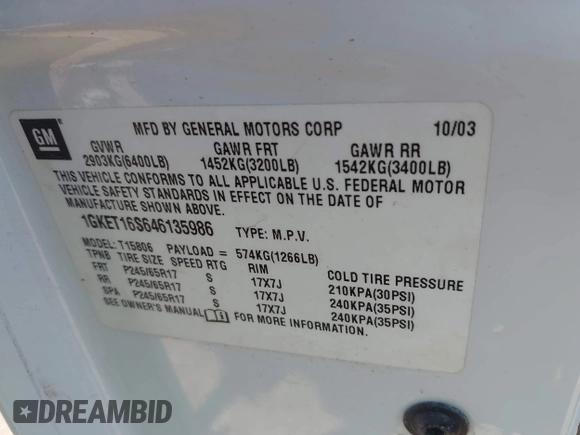 2004 GMC Envoy SLT with VIN 1GKET16S646135986, listed as a IAAI auction lot 42420464 with 132,741 mi miles and . Bid and sale history available at DreamBid. Image 9.