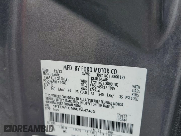 2014 Ford F-150 XL with VIN 1FTEW1CM8EFA47483, listed as a Copart auction lot 49009475 with 88,193 mi miles and Salvage Title. Bid and sale history available at carsss.com. Image 14.