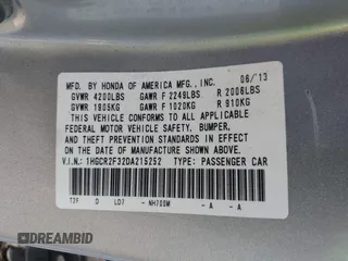 2013 Honda Accord LX z VIN 1HGCR2F32DA215252, wystawiony jako IAAI lot #41535742 z przebiegiem Nie podano mil oraz . Historia ofert i sprzedaży dostępna na DreamBid. Obrazek 8.