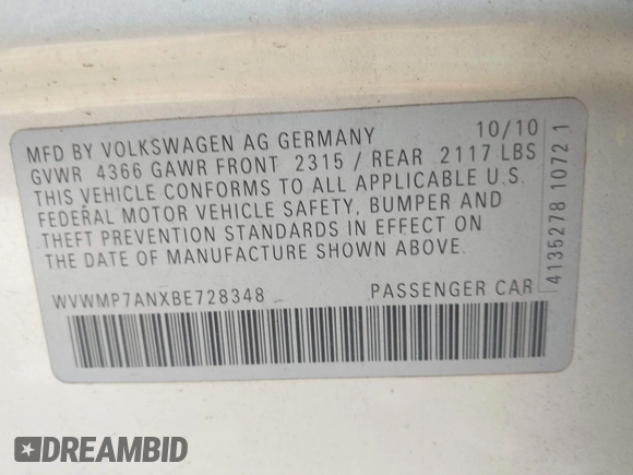 2011 Volkswagen CC Sport с VIN WVWMP7ANXBE728348, выставлен на аукционе IAAI как лот 42407675 с пробегом 201 903 миль миль и . История ставок и продаж доступна на DreamBid. Изображение 9.