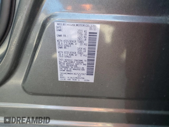 2015 Nissan Pathfinder SV z VIN 5N1AR2MN0FC672297, wystawiony jako Copart lot #57278785 z przebiegiem 85 083 mil mil oraz Szkoda całkowita • Salvage title. Historia ofert i sprzedaży dostępna na DreamBid. Obrazek 13.