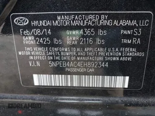 2014 Hyundai Sonata GLS with VIN 5NPEB4AC4EH892344, listed as a IAAI auction lot 42092885 with 78,079 mi miles and . Bid and sale history available at carsss.com. Image 9.