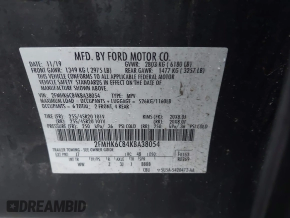 2019 Ford Flex SEL with VIN 2FMHK6C84KBA38054, listed as a IAAI auction lot 41083921 with 67,427 mi miles. Bid and sale history available at carsss.com. Image 9.