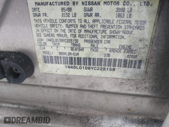 2000 Nissan Altima XE with VIN 1N4DL01D8YC228158, listed as a IAAI auction lot 41339135 with 60,494 mi miles and . Bid and sale history available at DreamBid. Image 9.