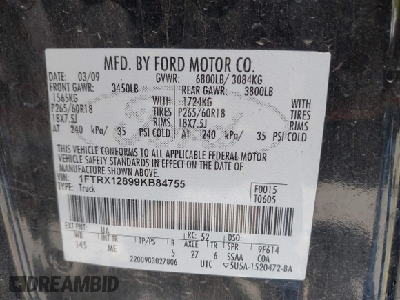 2009 Ford F-150 STX with VIN 1FTRX12899KB84755, listed as a IAAI auction lot 41849800 with 218,202 mi miles and . Bid and sale history available at DreamBid. Image 9.
