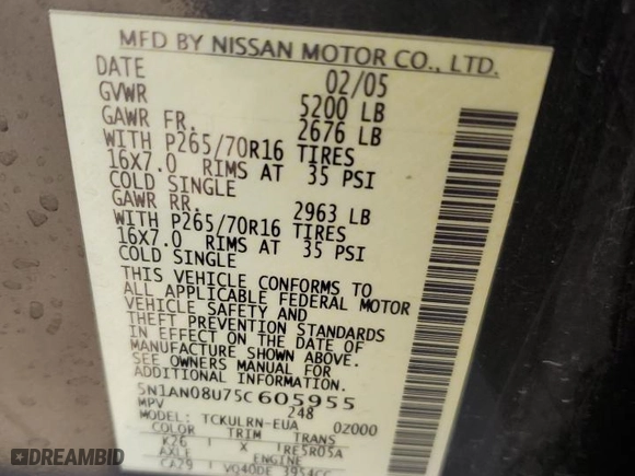 2005 Nissan Xterra S with VIN 5N1AN08U75C605955, listed as a Copart auction lot 86312974 with 152,300 mi miles and Salvage Title. Bid and sale history available at carsss.com. Image 12.
