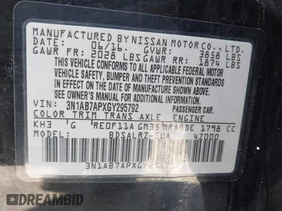 2016 Nissan Sentra SV with VIN 3N1AB7APXGY295792, listed as a IAAI auction lot 41912630 with 94,130 mi miles and . Bid and sale history available at DreamBid. Image 9.