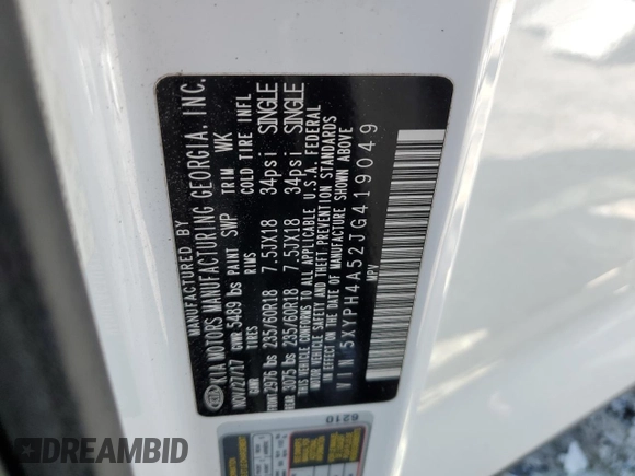 2018 Kia Sorento EX z VIN 5XYPH4A52JG419049, wystawiony jako Copart lot #55470755 z przebiegiem 145 081 mil mil oraz Szkoda całkowita • Salvage title. Historia ofert i sprzedaży dostępna na DreamBid. Obrazek 13.