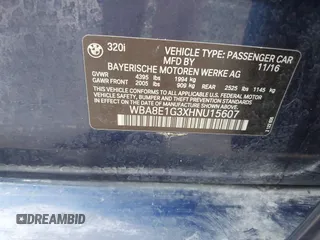 2017 BMW 3 Series 320i z VIN WBA8E1G3XHNU15607, wystawiony jako IAAI lot #42117103 z przebiegiem Nie podano mil oraz . Historia ofert i sprzedaży dostępna na DreamBid. Obrazek 9.