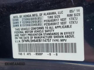 2014 Honda Odyssey EX-L with VIN 5FNRL5H64EB114757, listed as a Copart auction lot 48129915 with 136,822 mi miles and Salvage Title. Bid and sale history available at DreamBid. Image 14.