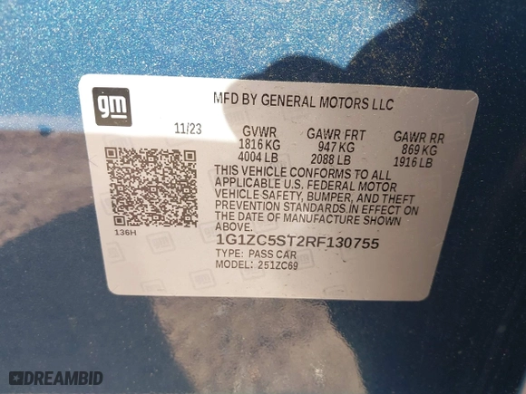 2024 Chevrolet Malibu LS with VIN 1G1ZC5ST2RF130755, listed as a IAAI auction lot 42015721 with 20,585 mi miles. Bid and sale history available at carsss.com. Image 9.