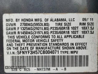 2012 Honda Pilot EX-L with VIN 5FNYF3H57CB004071, listed as a Copart auction lot 53209465 with 86,212 mi miles and Clean Title. Bid and sale history available at DreamBid. Image 13.